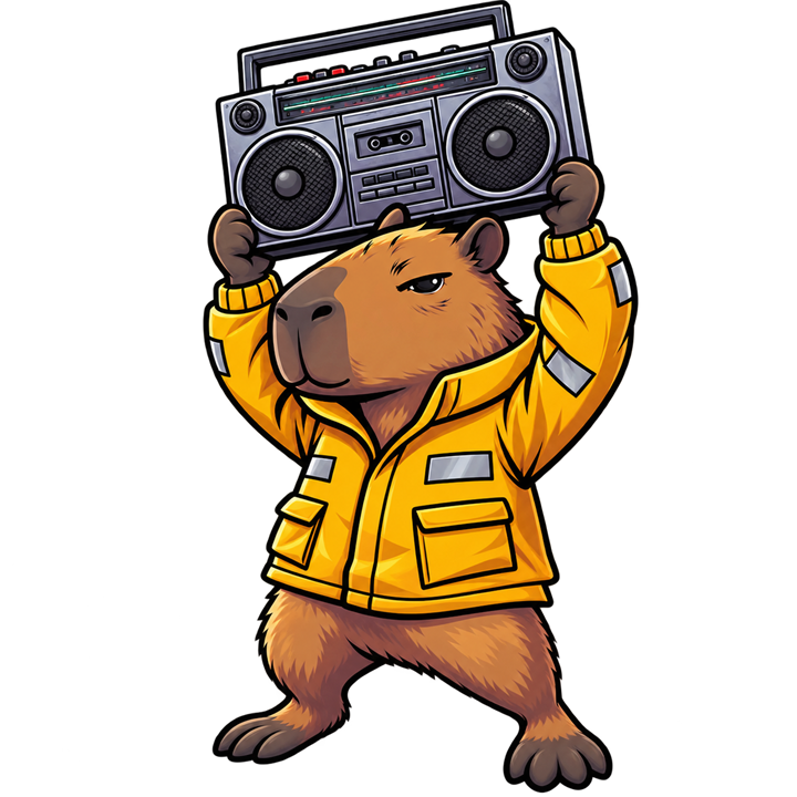 A capybara in a yellow rain jacket holding a boombox over his head