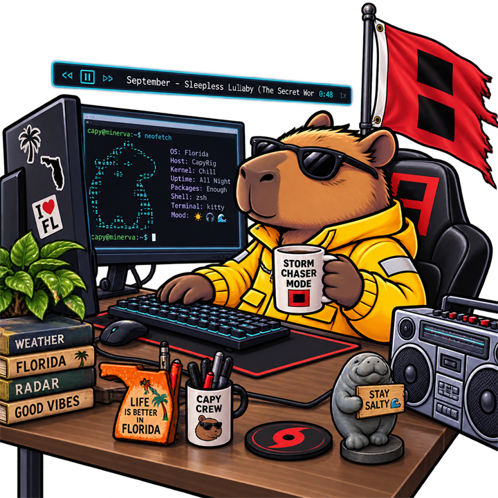 The capybara at a desk in headphones, the windowshade bar floating above his terminal