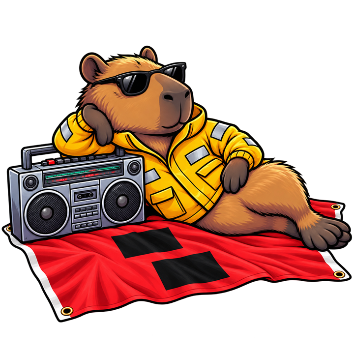 The capybara lying on a hurricane warning flag in sunglasses, boombox beside him