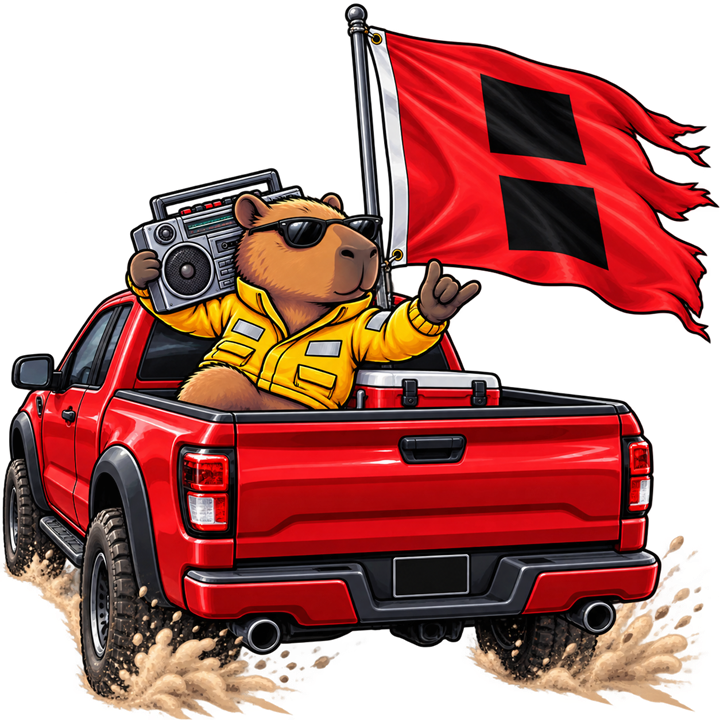 The capybara in the bed of a red pickup, boombox on his shoulder, hurricane warning flag flying