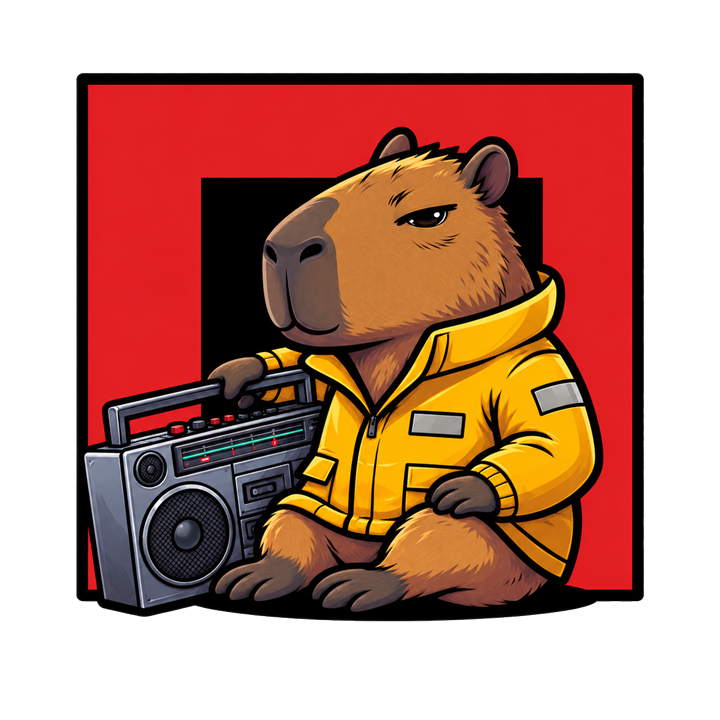 The capybara with his boombox in front of a red hurricane warning flag
