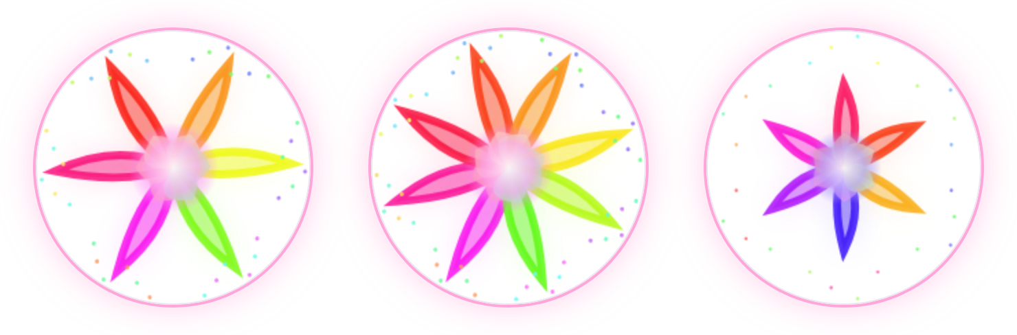 Three kaleidoscope badges playing the same track: six segments, eight segments, and calm, smaller and in one colour