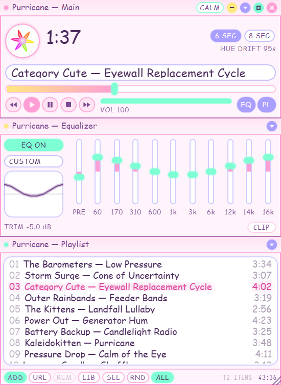 Main, EQ and Playlist in Purricane: rounded pastel pink windows, mint and periwinkle pills, and a round kaleidoscope badge on Main, a track playing, at 2x