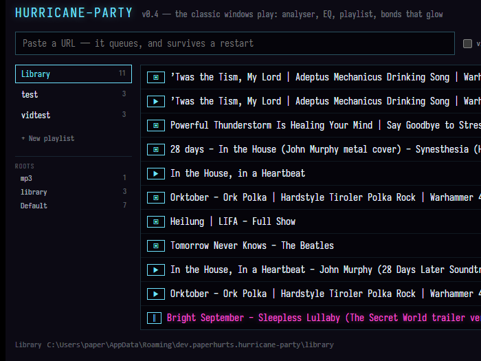 The library window with a URL pasted and a download finishing in the queue
