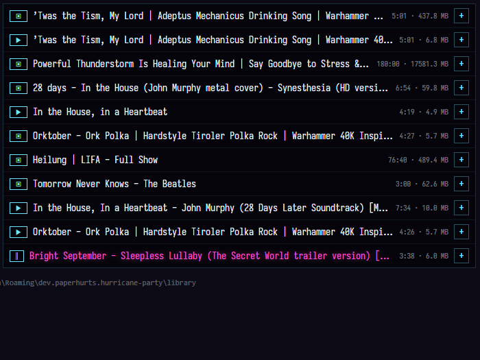 The library window listing tracks and videos