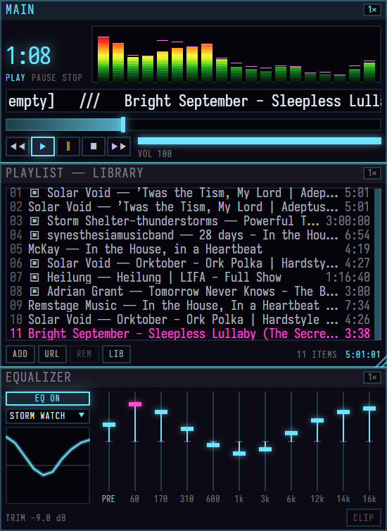 The Main, EQ and Playlist windows bonded together with a track playing