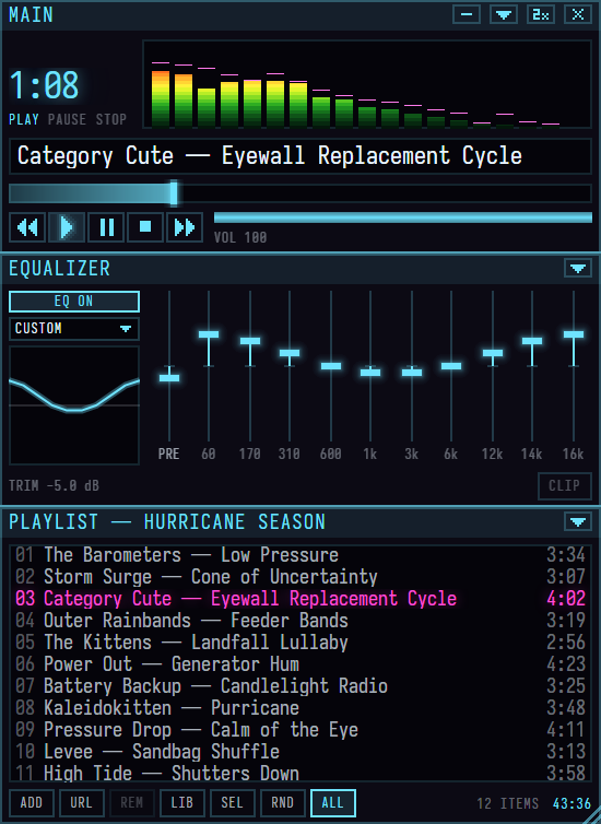 Main, EQ and Playlist bonded in a stack in the Eyewall skin, a track playing and the analyser lit, at 2x